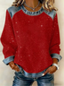 Women's Casual Christmas Print Crew Neck Denim Patchwork Sweatshirt