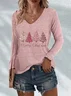 Women's Long Sleeve T-shirt Spring/Fall Pink Christmas Printing Jersey V Neck Daily Going Out Casual Top