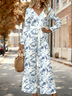 V Neck Botanical Pattern Loose Elegant Jumpsuit
